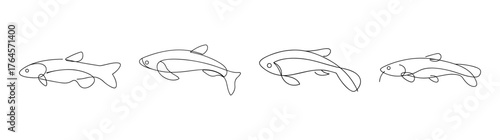 Four striped kuhli loach fish swimming gracefully underwater detailed line art