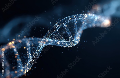Digital render of DNA double helix glowing in blue and orange tones