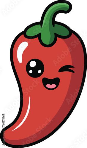 Cute cartoon chili pepper with adorable face and winking eye isolated on simple light background
