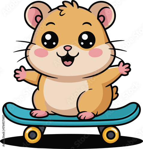 Cute cartoon hamster happily skateboarding on a blue skateboard with a simple colorful gradient