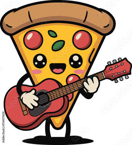 Cute cartoon pizza slice playing a red guitar with smiling face on a simple beige background art