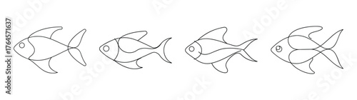 Four elegant black skirt tetra fish sketches depicting movement and form