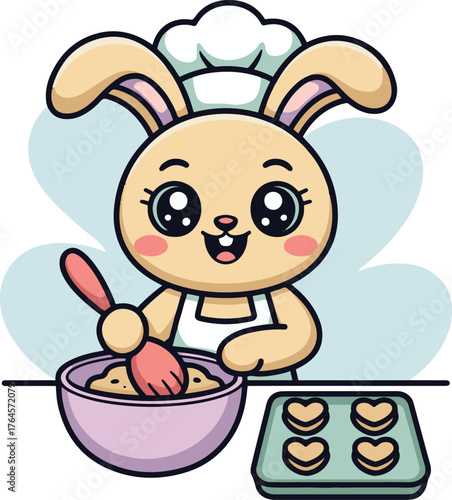 Adorable cartoon bunny chef mixing dough and baking heart-shaped cookies with joyful expression