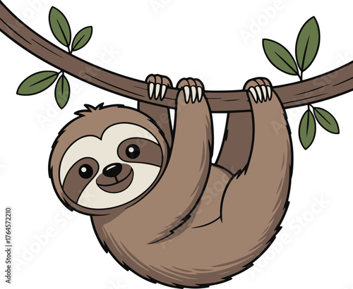 Cute cartoon sloth hanging from a tree branch with leaves on a light background illustration