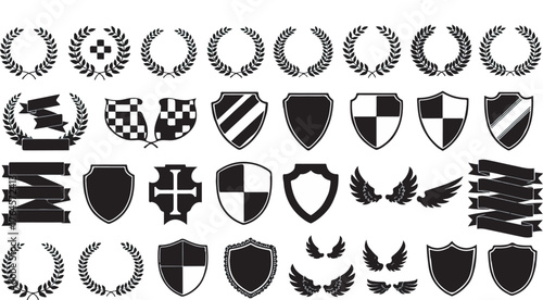 Black Vector Graphic Set of Crests, Shields, Badges, Laurel Wreaths, and Ribbons