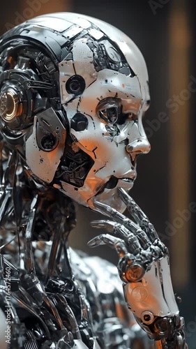 Contemplative Humanoid Robot with Metallic Body in a Pensive Pose, Artificial Intelligence Thinking Concept