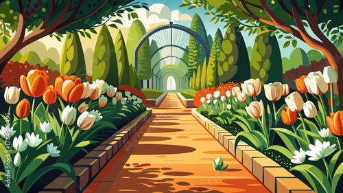 Very beautiful garden path gently curving through a lush landscape, lined with vibrant orange and white tulips, creating a serene springtime scene full of color, symmetry, and peaceful natural charm.