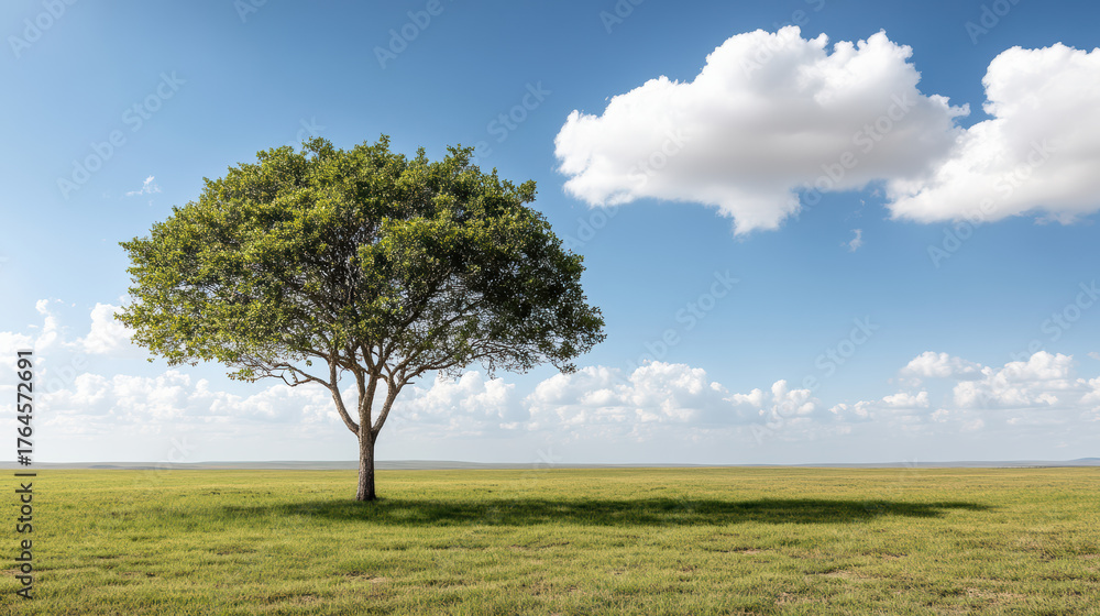 Fototapeta premium Solitary tree stands vast field bright blue sky with fluffy clouds, creating serene atmosphere