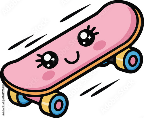 Cute pink cartoon skateboard with happy face and blue wheels in motion over white background