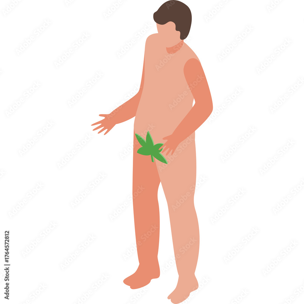 Fototapeta premium Isometric Illustration of a Person Wearing a Flesh Toned Bodysuit with a Green Leaf Covering Genitals Against a White Background
