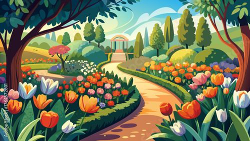 Very beautiful garden path gently curving through a lush landscape, lined with vibrant orange and white tulips, creating a serene springtime scene full of color, symmetry, and peaceful natural charm.