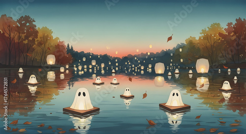 Floating Ghost Lanterns On Lake At Sunset.