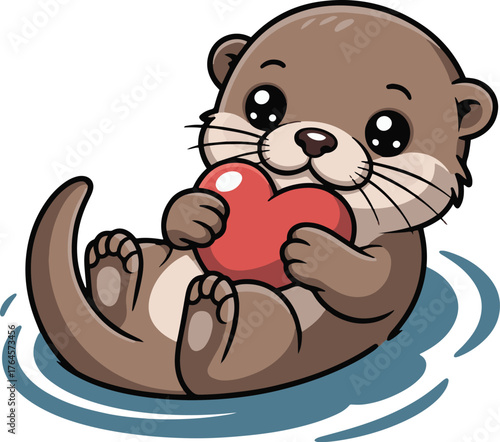 Cute cartoon otter floating in water holding a red heart in its paws with a cheerful expression