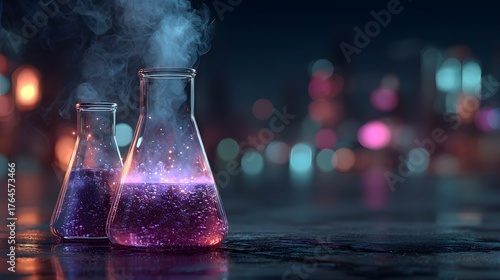 Photorealistic glowing glass chemistry beakers hold shimmering lavender liquid, one emitting mystical smoke, set in a futuristic lab with neon lights.