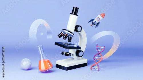 Explore science advancements with microscope rocket DNA and lab beaker in modern vibrant conceptual design