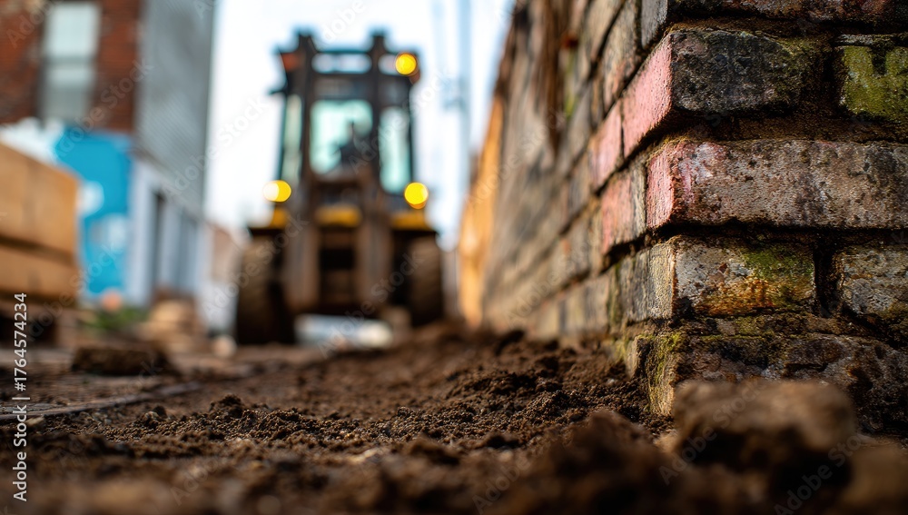 Fototapeta premium Construction site with forklift and brick wall