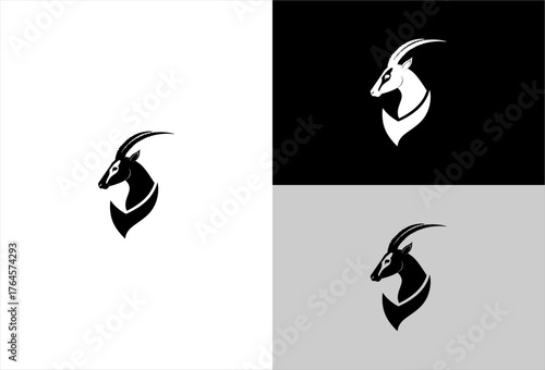 Graphic rendering of an antelope head in black/white, various backgrounds