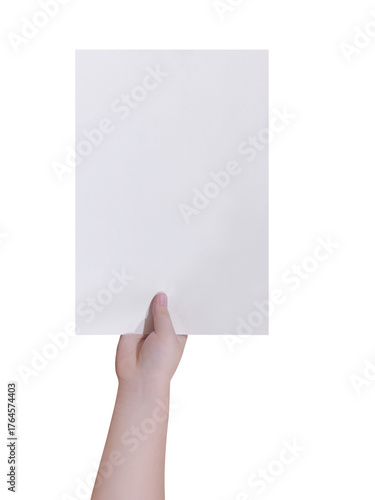 Blank A4 paper hand holding, top view PNG transparent.