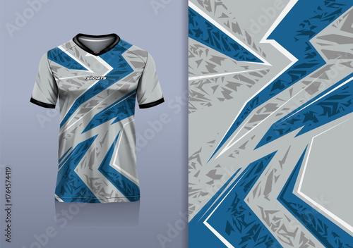 T-shirt mockup with abstract flash sharp lines sport jersey design for football, soccer, racing, esports, running, in blue navy gray color