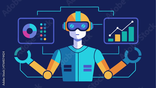 A virtual reality interface displaying realtime data analytics showcasing robotic performance metrics in an advanced manufacturing environment.