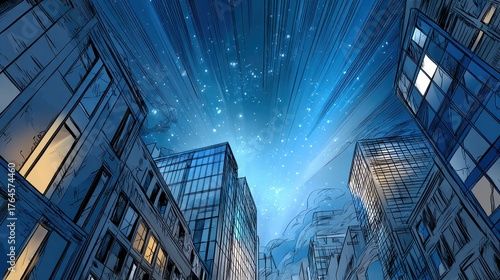 City Buildings Under a Starry Night Sky