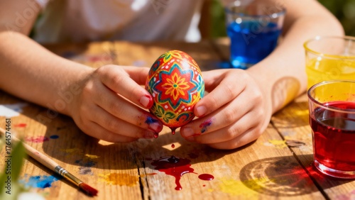 Child holding colorful painted egg at table, Catholic Easter