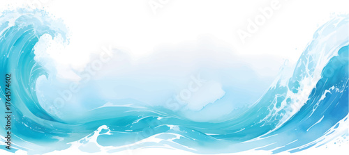 A dynamic blue ocean wave crashes, reflecting the summer sky and sunlight on a beach seascape