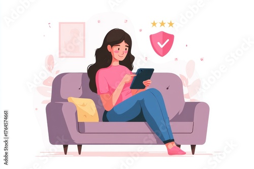 Flat illustration of woman sitting on sofa using tablet, surrounded by digital social icons and hearts.