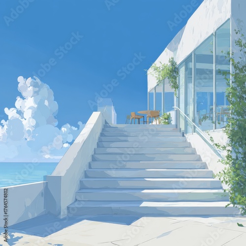 Minimalist seaside architecture with white stairs and clear blue sky in bright sunlight.