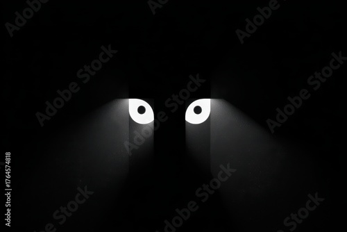 Abstract dark composition with glowing white eyes emerging from black background, mysterious atmosphere.