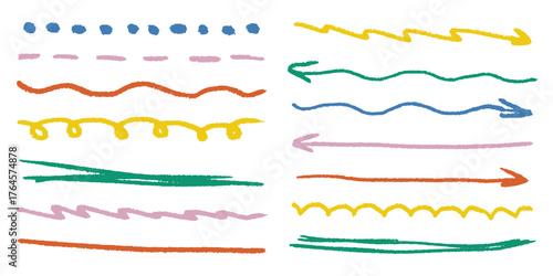 Chalk doodle arrows with rough  kids crayon strokes, swirling underlines and directional scribbles, sketch style with subtle grunge texture.