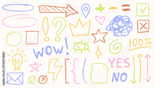 Creative scribbles and squiggles, grainy pencil lines, funky stars and crowns, scrawled strokes, quirky shapes and playful textured doodles.