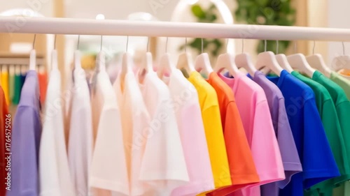 Colorful t shirts hang on a white rack in a clothing store folded shirts rest on a white surface with a blurred background of apparel on racks and a white counter