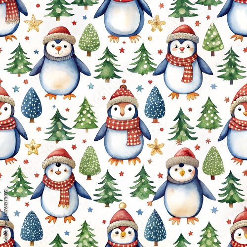 scandinavian style Christmas Penguins Seamless watercolor Pattern. white background