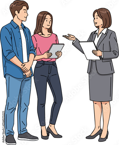 Create a kinds of deferent simple full-body illustration of a young man and woman receiving an explanation from a female planner vector art with white background..