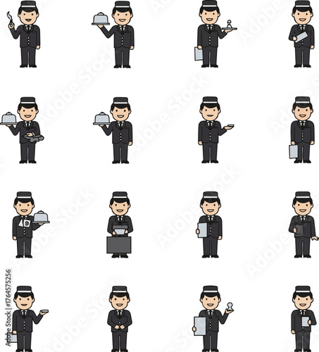 Create a kinds of deferent Simple vector icon illustration set of male concierge vector art with white background..