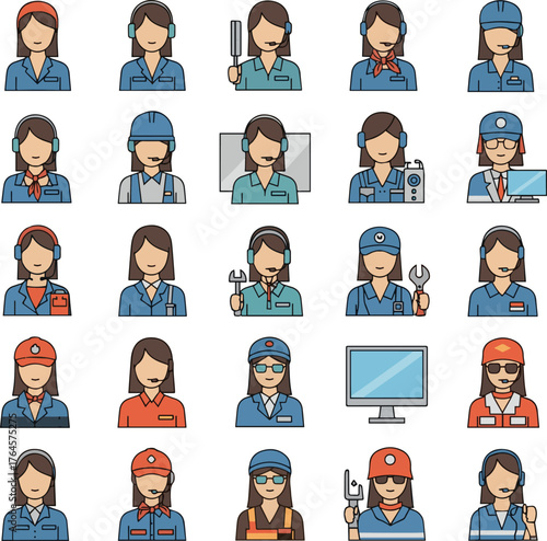 Create a kinds of deferent Simple vector icon illustration variation material for female operators vector art with white background.