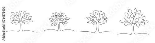 Four detailed sketch style pear trees line art rendering with ground detail isolated on white