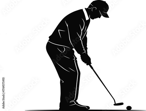 Black Silhouette of a Male Golfer Focused on the Ball, Executing a Precise Putting Stroke on the Green, Symbolizing Concentration, Precision, and the Classic Sport