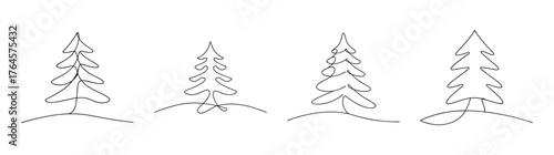 Collection of four stylized pine tree silhouettes rendered in a sketchy line art style