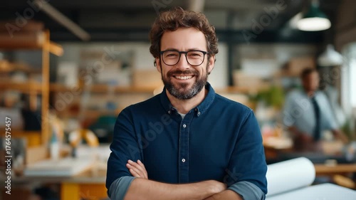 Smiling bearded man in glasses with crossed arms stands in a wood shop with rolled blueprints woodworking tools and shelving visible in the background indoors daytime