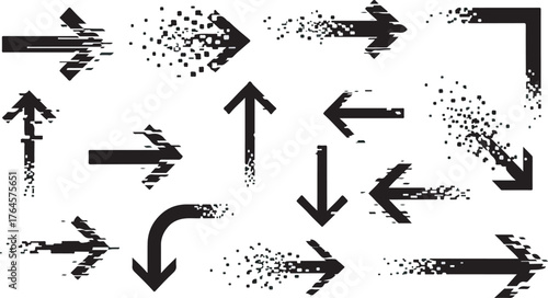 Set of black grunge vector arrows with distressed dissolving glitch effect isolated on white background