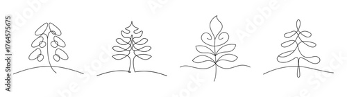 Four detailed line art styles of yew trees showing different textures and shapes of evergreen foliage