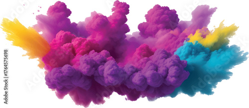 Colorful watercolor hand prints explode with vibrant texture against a cloudy blue sky
