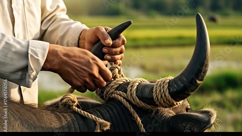 Farmer's Hands Tying Rope Around Buffalo Horns in Rural Agricultural Setting