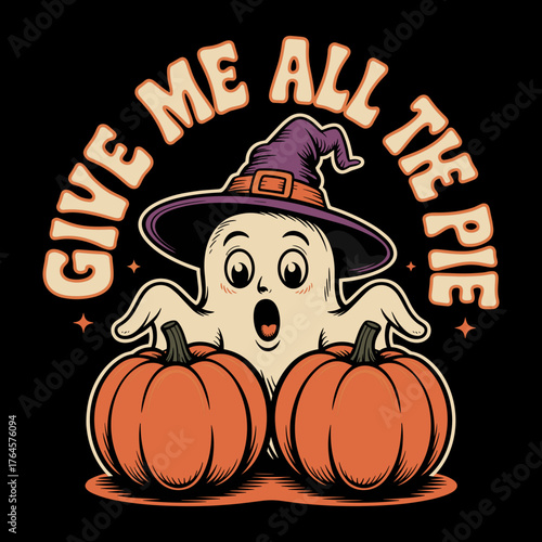 Adorable cartoon ghost chef in witch hat with pumpkins craving all the pie, perfect for festive Halloween celebrations and treats