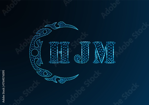Low poly letter logo HJM design. HJM letter logo low poly vector design on blue color gradient background. HJM logo low poly design