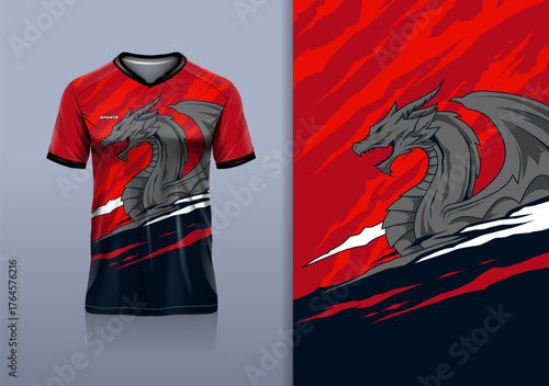 T-shirt mockup abstract grunge dragon texture sport jersey design for football, soccer, racing, esports, running, red black color	