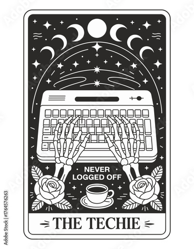 Skeleton hands typing on keyboard under moonlit sky with coffee and roses, perfect for tech enthusiasts and late night workers