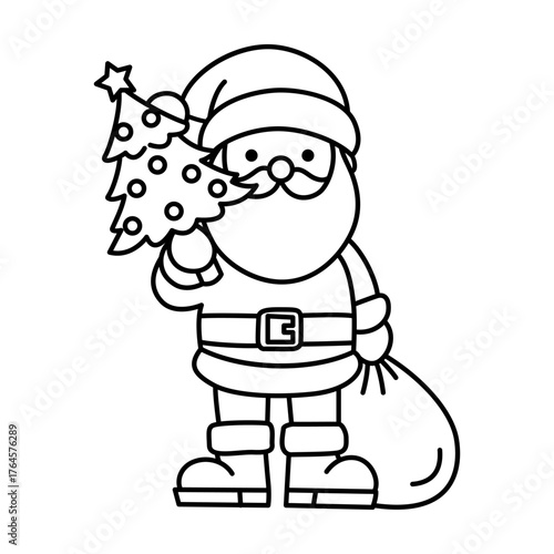 Black and white outline illustration of Santa Claus holding a small Christmas tree in one hand and a sack in the other. Versatile line art for holiday decorations or coloring activities.